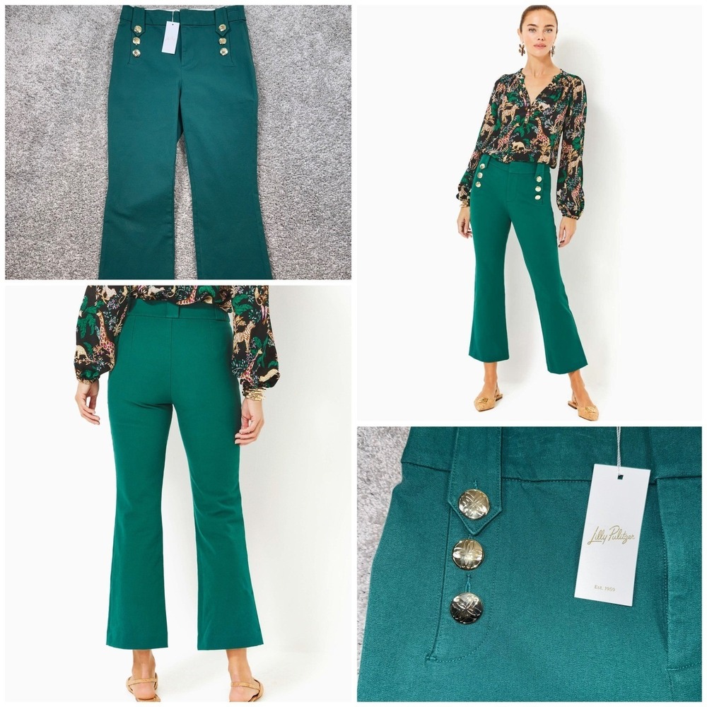 Lilly Pulitzer Parrish Bi Stretch Crop Flare Pants Green Gold Button Size 2 NEW